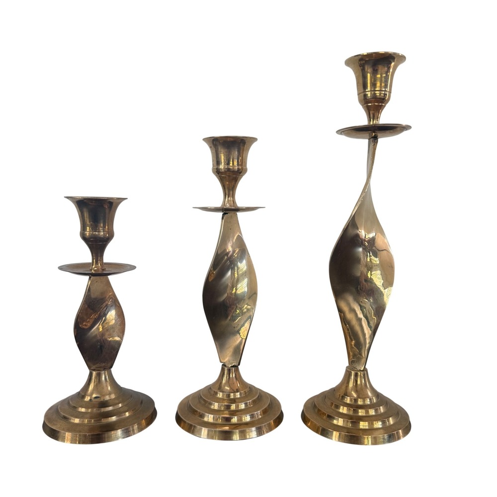 Vintage Brass Twisted Spiral Candlestick Holders Set of 3 MCM India
